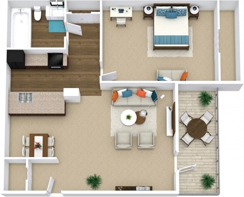 Floor plan for 1 bed, 1 bath, 701 sqft